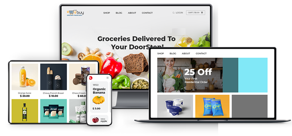 QuickCommerce platform showing websites, mobile apps, and WhatsApp stores